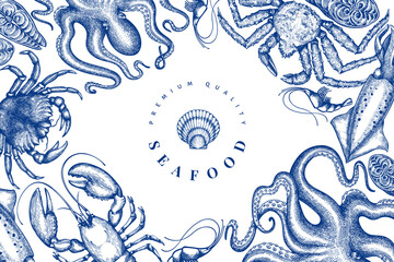 Seafood design template. Hand drawn vector seafood illustration. Engraved style food banner. Vintage sea animals background