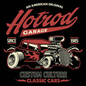 shirt design of american hotrod car in vintage style