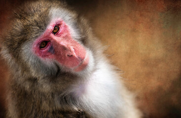 close up Monkey in corner looking up. Textured background for copy space.
