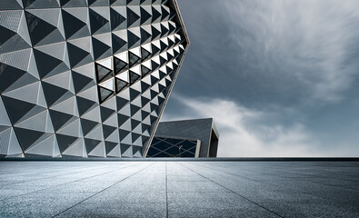 Urban marble square with tall city and pyramid shape protruding from the side of three-dimensional...