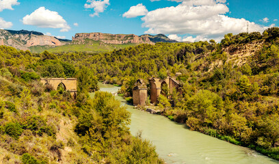River in Ainsa in the Pyrenees mountains in a sunny day