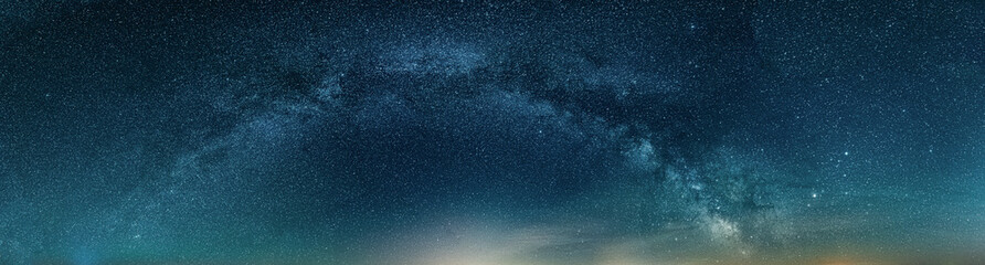 Amazing Panoramic Landscape view of Milky way over Night sky