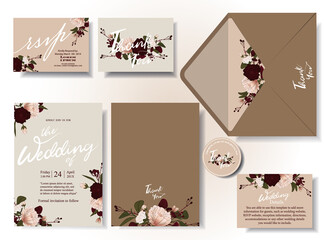 Luxurious wedding card set Brown gold beige tones Decorated with colorful flowers to stand out on your wedding day. illustration/Vector