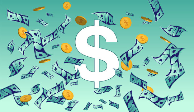 Dollar sign and money flying around. Coins and paper bills falling down. Green background. Economy, finance and income concept. Vector illustration.