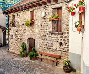 Fototapeta na wymiar Street of Hechos village in the pyrenees mountains in a sunny day