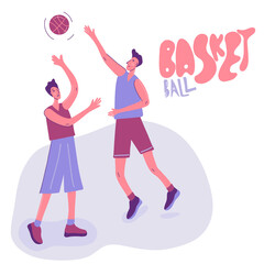 Basketball Players in Action. Two attack men playing in basketball. Active lifestyle. Flat vector cartoon character design. Sport Team on Professional Tournament. Sportsman Score Goal in Game.
