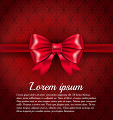 Big red ribbon bow on the rich classic red pattern background with place for your text. VIP Luxury red card template design with ornate background and beautiful silc bow. Vector illustration