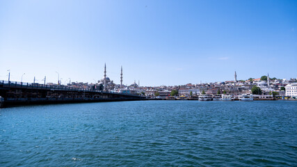 istanbul eminonu and galata bridge from ship view
