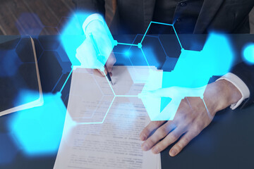 Double exposure of man sign contract on high tech project. Technology hologram. Concept of...