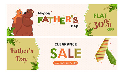 Fototapeta premium Happy Father's Day, Sale Banner Design with 30% Off Offers clearance sale and happy illustration of a bear young Father and his small little cub duo.
