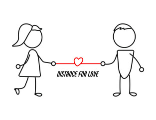 Lovers keep a social distance. Despite the prohibitions, people love each other, even at a distance. Distance is not an obstacle to love. Vector illustration of love at a distance. Simple line drawing