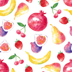 fruits and berries seamless watercolor pattern on white background