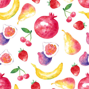 fruits and berries seamless watercolor pattern on white background