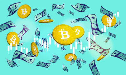 Bitcoin, money and chart - Image of bitcoins and paper money flying around a rising graph. Cryptocurrency value, wealth, and earnings concept. Vector illustration.