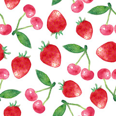 Seamless watercolor pattern berries cherries and strawberries on a white background
