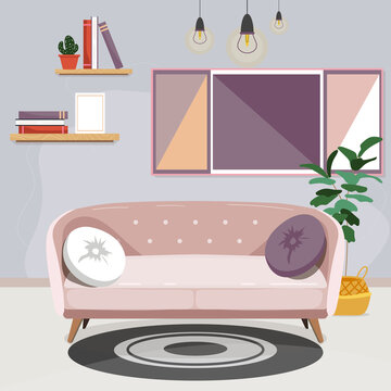 Home interior of cozy living room: light pink sofa with pillows, shelves, flower pot, rug, pictures. Design for web site, print, poster, presentation, infographic. Flat cartoon vector illustration.