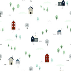 Seamless pattern Village background life in rural areas with houses and trees Cute design hand-drawn in cartoon style. Used for fashion, textile, Vector illustration