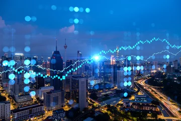 Foto op Aluminium FOREX graph hologram, aerial night panoramic cityscape of Kuala Lumpur. KL is the developed location for stock market researchers in Malaysia, Asia. The concept of fundamental analysis. © VideoFlow