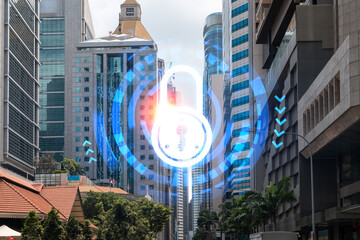Padlock icon hologram over panorama city view of Singapore to protect business in Asia. The concept of information security shields. Double exposure.