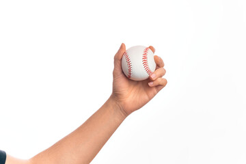 Hand of caucasian young man holding baseball ball over isolated white background