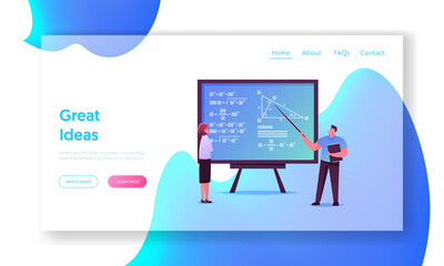 University Professors Use Left Brain Part for Studying Science Landing Page Template. Scientists Characters Stand at Chalkboard Solve Mathematics Formula Equation. Cartoon People Vector Illustration