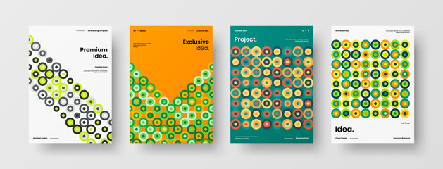 Fototapeta premium Company identity brochure template collection. Business presentation vector A4 vertical orientation front page mock up set. Corporate report cover abstract geometric illustration design layout bundle.