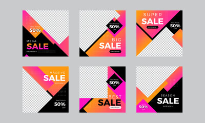 Set of editable square instagram banner template. orange, pink and black background. Vector illustration with photo collage Suitable for social media posts and web internet ads.