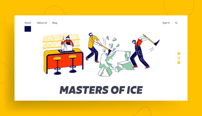 Obraz na płótnie Canvas Characters Breaking Ice Landing Page Template. Bartender Splits Iced Block for Cocktails, Men Hitting Ice Cube with Pickaxes for Delivering in Pubs and Restaurants. Linear People Vector Illustration
