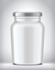 Glass Jar with Dairy Food on Background. 