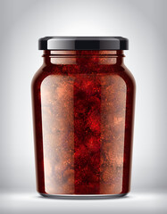 Glass Jar with Strawberry Jam on Background. 