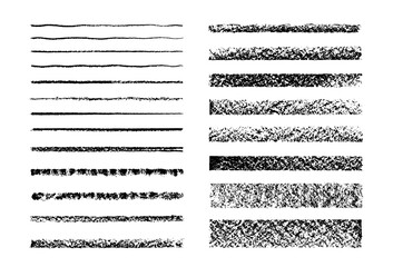 Set of chalk, oil pastel and crayon strokes with grainy texture, can be used as art brushes. Hand drawn grunge lines on white background. 