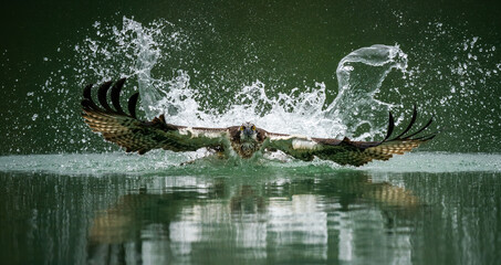 A front view photo of an osprey hunting fish and emerging from splashed water with its wings spread...
