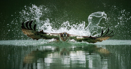 Fototapeta premium A front view photo of an osprey hunting fish and emerging from splashed water with its wings spread in Sindian, Taipei