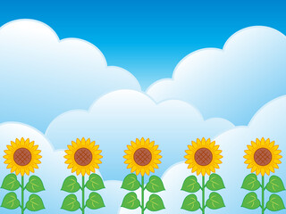 ヒマワリと雲の背景素材（線あり）