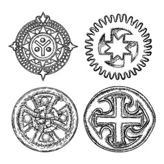 Set of decorative symbols. Circular decorative Christian religion cross design and five pointed star carved in marble stone. Masonic symbol. Vector.