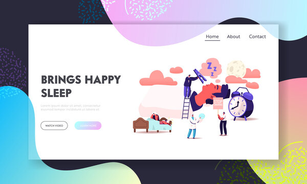 Snore Landing Page Template. Tiny Characters Sleeping In Bed And Suffering Of Snoring, Angry Awake Man Listening Snoring Of Wife, Sleep Apnea Syndrome Treatment. Cartoon People Vector Illustration