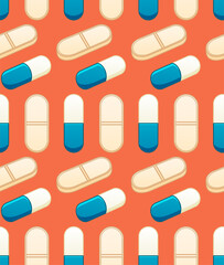 Flat style oval capsule and beige pills seamless pattern on orange background