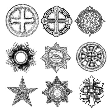 Set of design elements. Christmas and New Year star,  Masonic eye symbol, Circular decorative Christian religion cross design. Golden halo star, angel and saints ring in star shape design element.