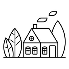 Small house with garden linear icon.