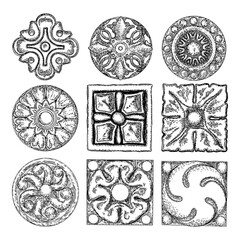 Set of elegant vintage circular floral ornaments in classic style. Round oriental flower element for pattern. Circle stucco ceiling moulding rosette. Vector.