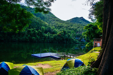 Camping area with view point in Erawan National Park Thailand.