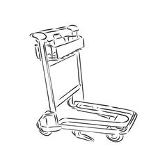 Big empty arrival move handcart basket truck on white background. Luggage cart, vector sketch illustration