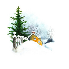 Naklejka premium house in the woods, christmas in the countryside, watercolor illustration of a winter landscape