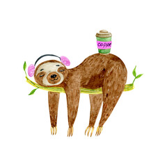 Сartoon animals sloth with coffee isolated. Watercolor tropical drawing, tropical illustration. cute palm tree leaves, tropic green texture. Can be used for cards, flyers, posters, t-shirts.