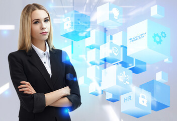 Business, Technology, Internet and network concept. Young businessman working on a virtual screen of the future and sees the inscription: Personal data protection