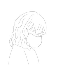 Hand drawing beautiful girl wearing protective face mask. Black outline flat vector illustration isolated on white background.