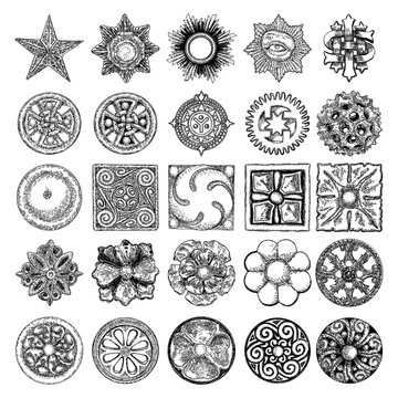 Large set of baroque ancient vintage style flowers design elements and other religious or mystic drawings. Geometric shape star, crystals, Pentagram and Cross. Religious circle symbol. Vector.