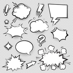 Naklejka premium Set of comic speech bubbles and elements with halftone shadow effect in transparent background. Comic bubble collection word empty set design. Word bubbles, retro comic shapes. Think and speak clouds