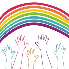 Hands of people reach up to the rainbow