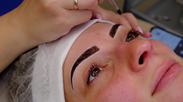 Permanent make-up for eyebrows of woman with thick brows in beauty salon. Closeup beautician doing coloring tattooing eyebrow.